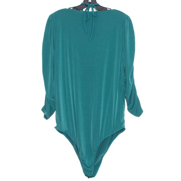 Torrid Bodysuit Ruched Halter Tie 3/4 Puff Sleeve Boho Cottage Retro Green 1 1X - Picture 2 of 7